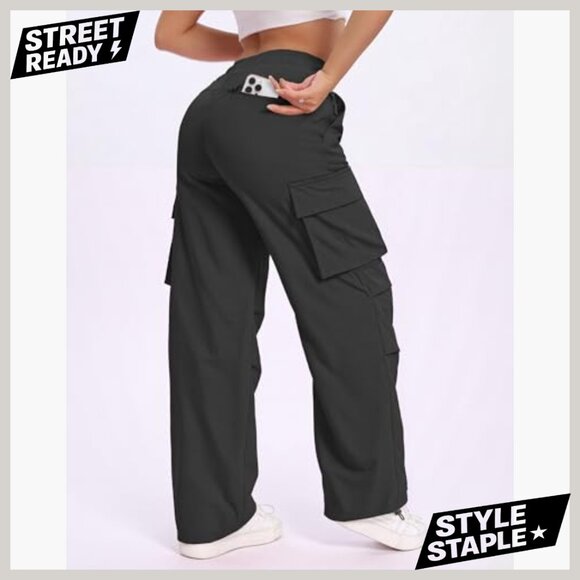 High Waisted Parachute Cargo Pants with 6 Pockets Quick Dry Water-Resistant - Picture 4 of 7